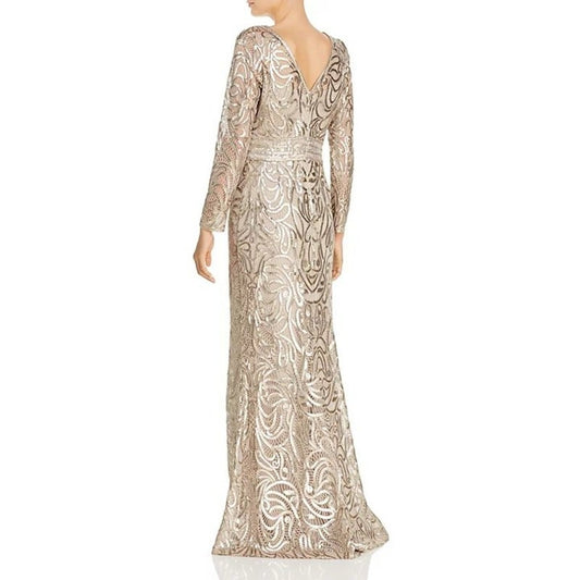 Tadashi Shoji Sand Lace Sequin Embellished Long Sleeve Maxi Evening Dress