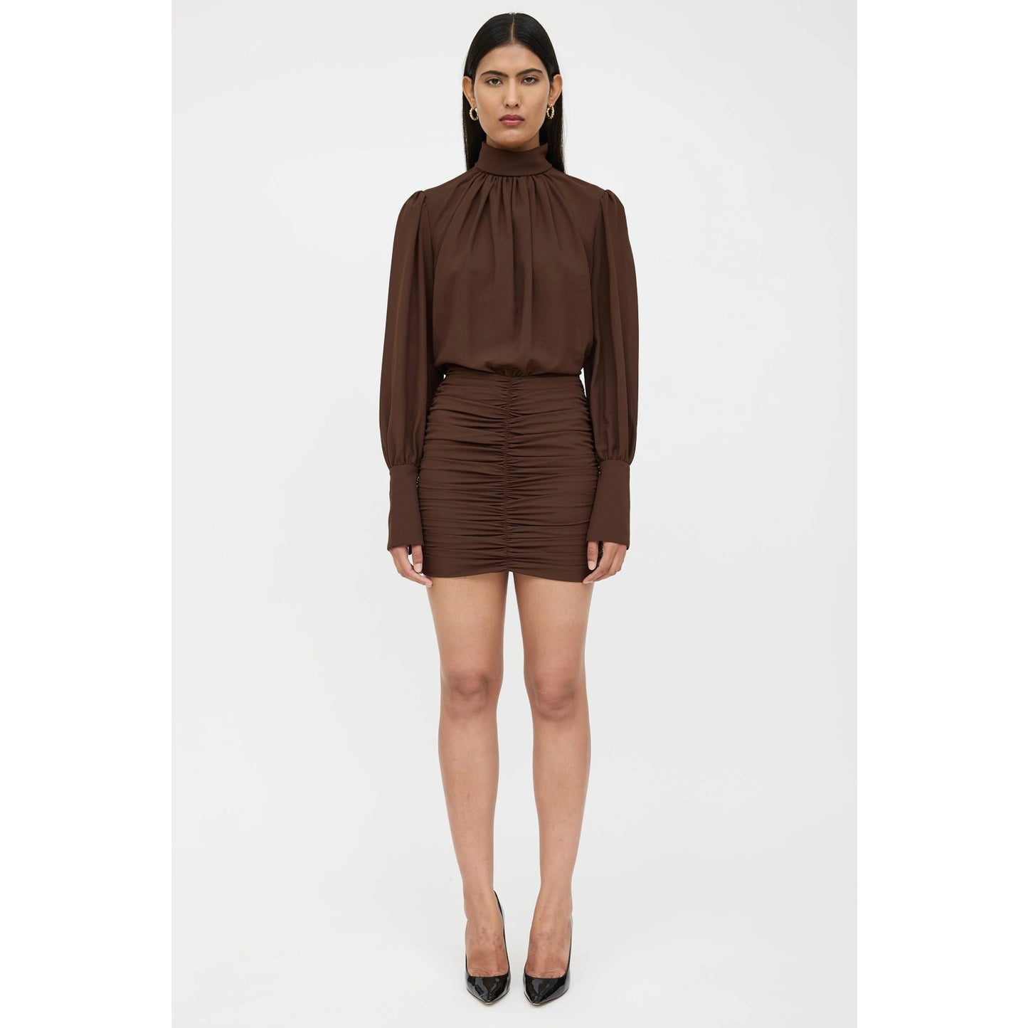 Rony Kobo Yebba Mock Neck Long Sleeve Ruched Pleated Mini Dress
