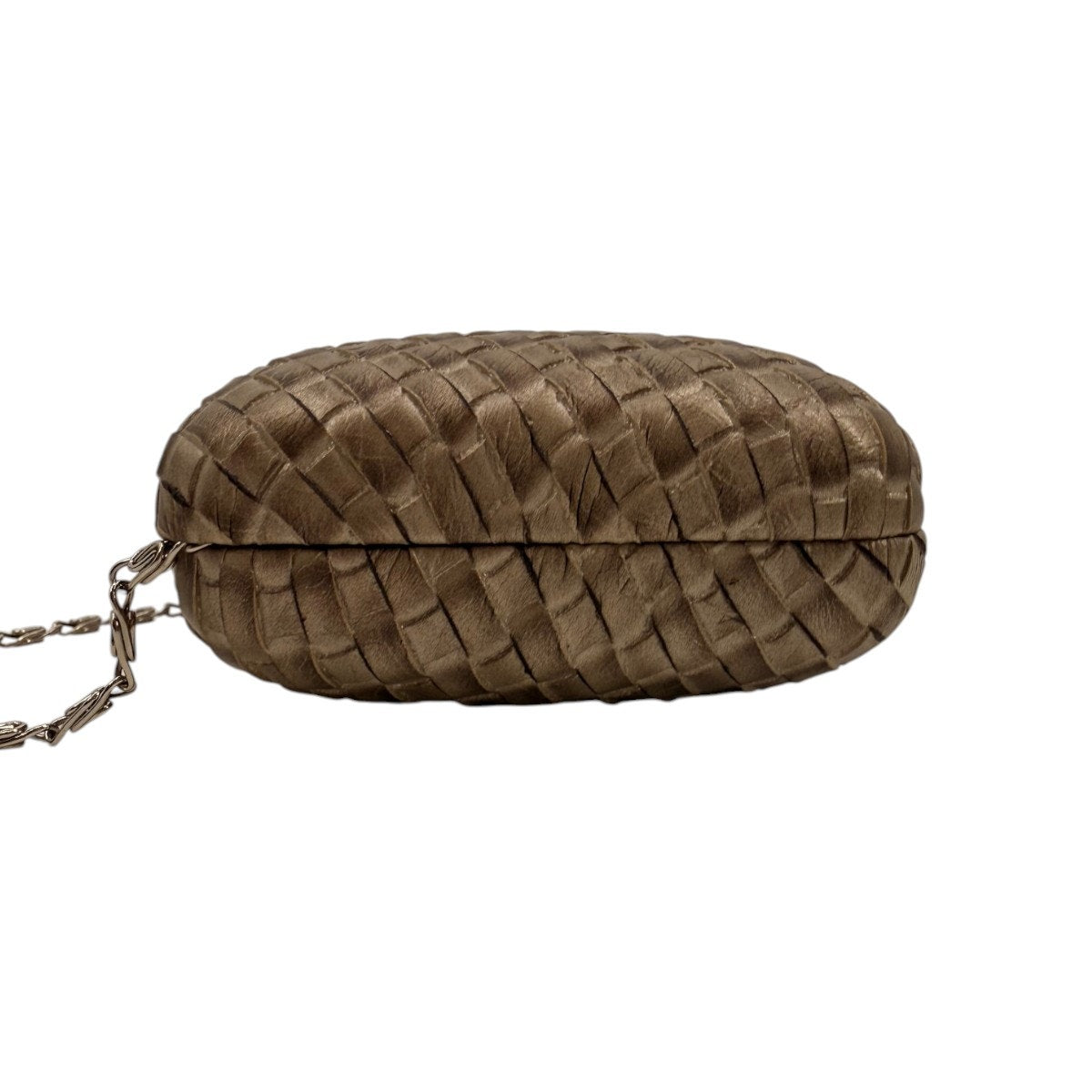 Woven Metallic Box Clutch Bag Taupe Bronze Push Clasp Silver Chain Evening Purse