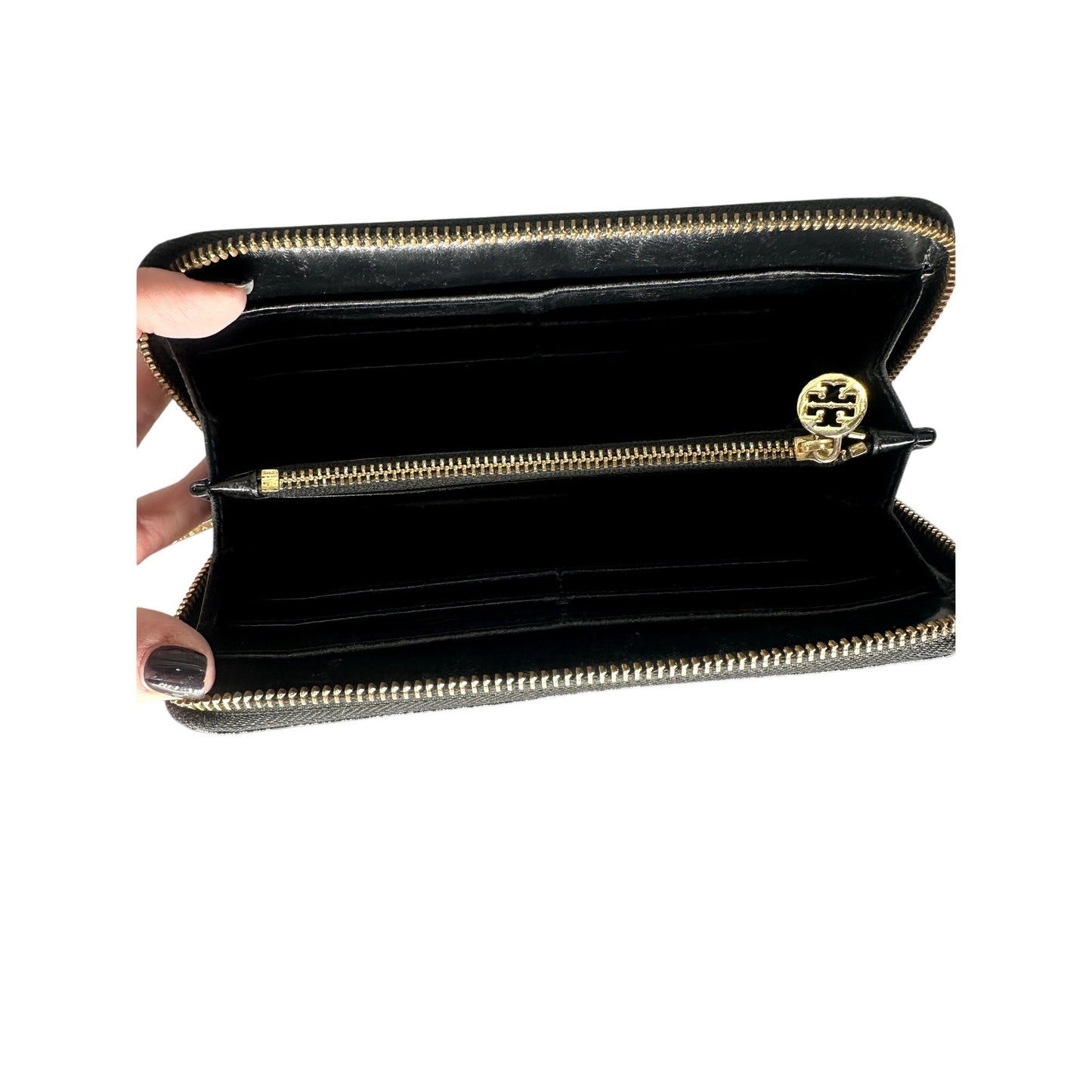 Tory Burch Patent Leather Embossed Print Logo Zip Around Wallet Black