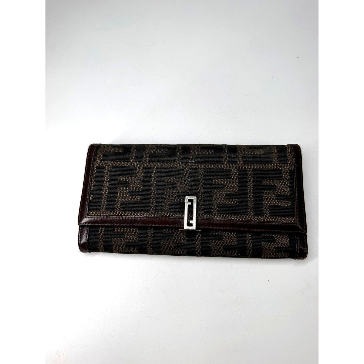Fendi Zucca FF Canvas Long Flap Wallet Brown Silver Hardware