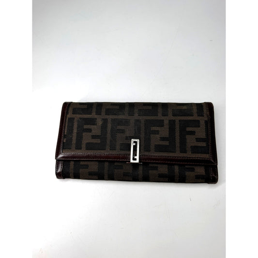 Fendi Zucca FF Canvas Long Flap Wallet Brown Silver Hardware