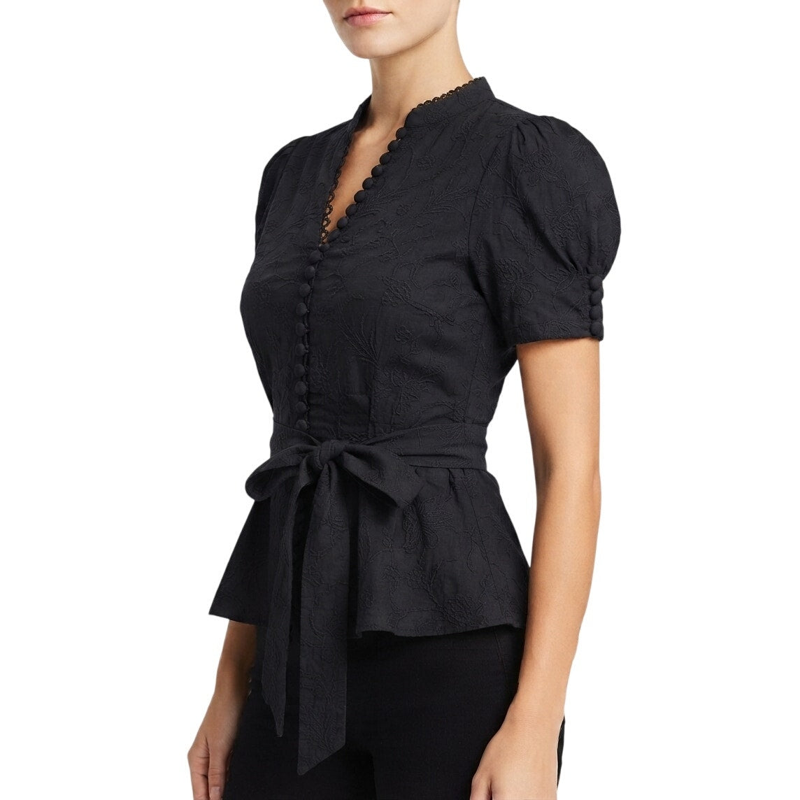 BCBGMAXAZRIA Black Floral Embroidered Button Front Short Sleeve Top Women's XS