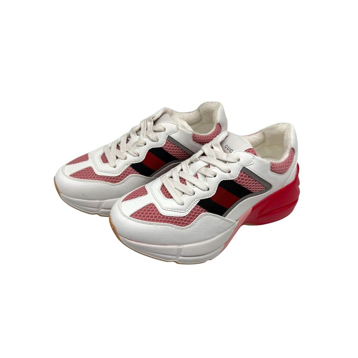 Gucci White Pink Reflective Leather Mesh Rhyton Trainer Sneakers
