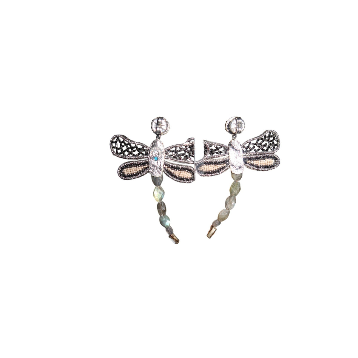Deepa Gurnani Dragonflies Beaded Statement Earrings Silver Gunmetal Cream OS