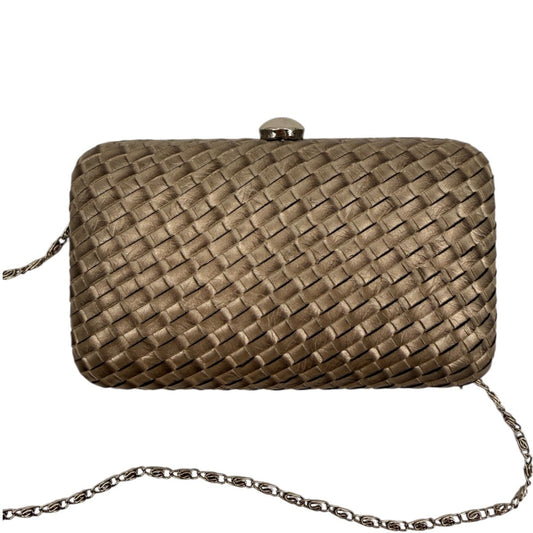 Woven Metallic Box Clutch Bag Taupe Bronze Push Clasp Silver Chain Evening Purse