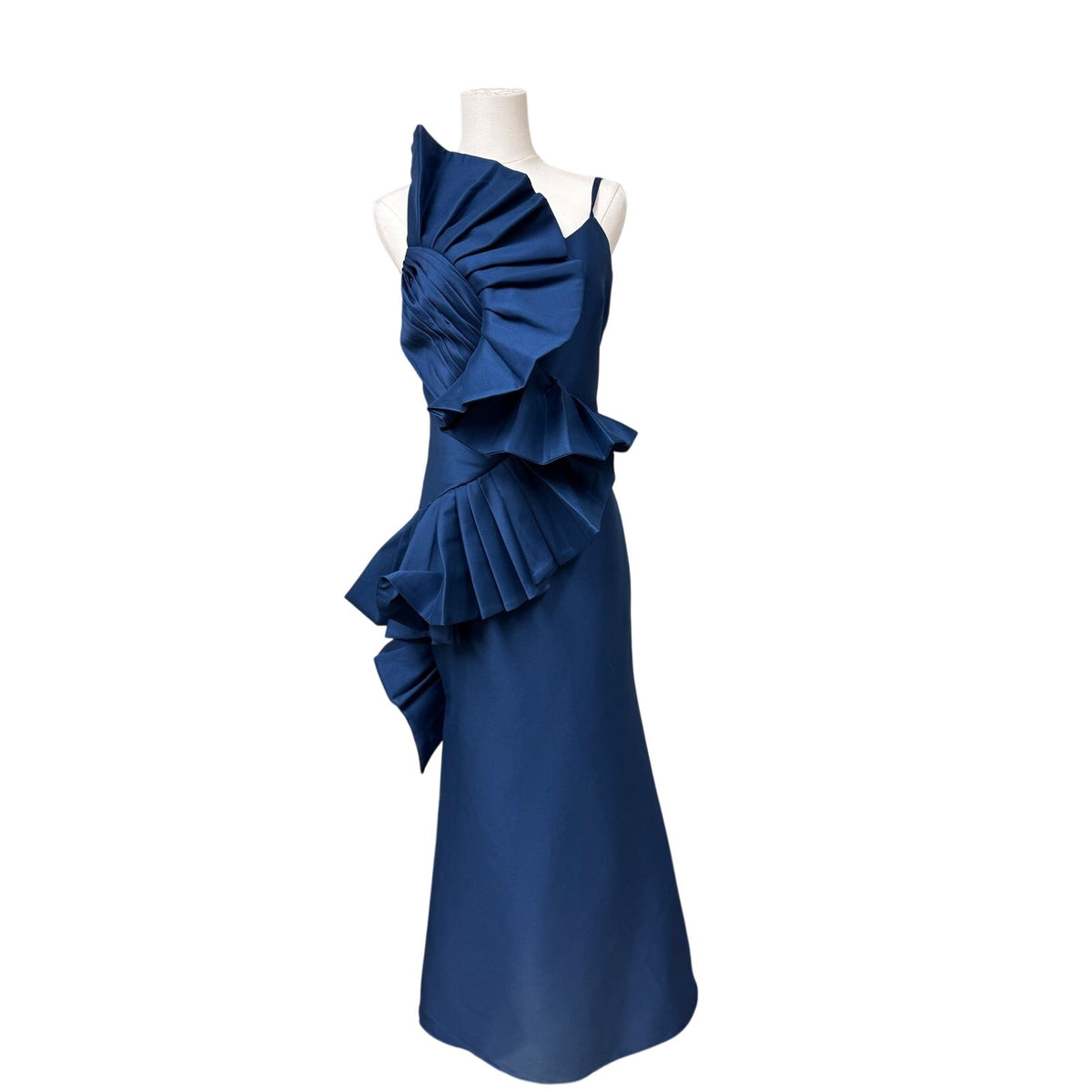 Badgley Mischka Blue Sculptural Swirl Maxi Evening Dress Ruffle Accent