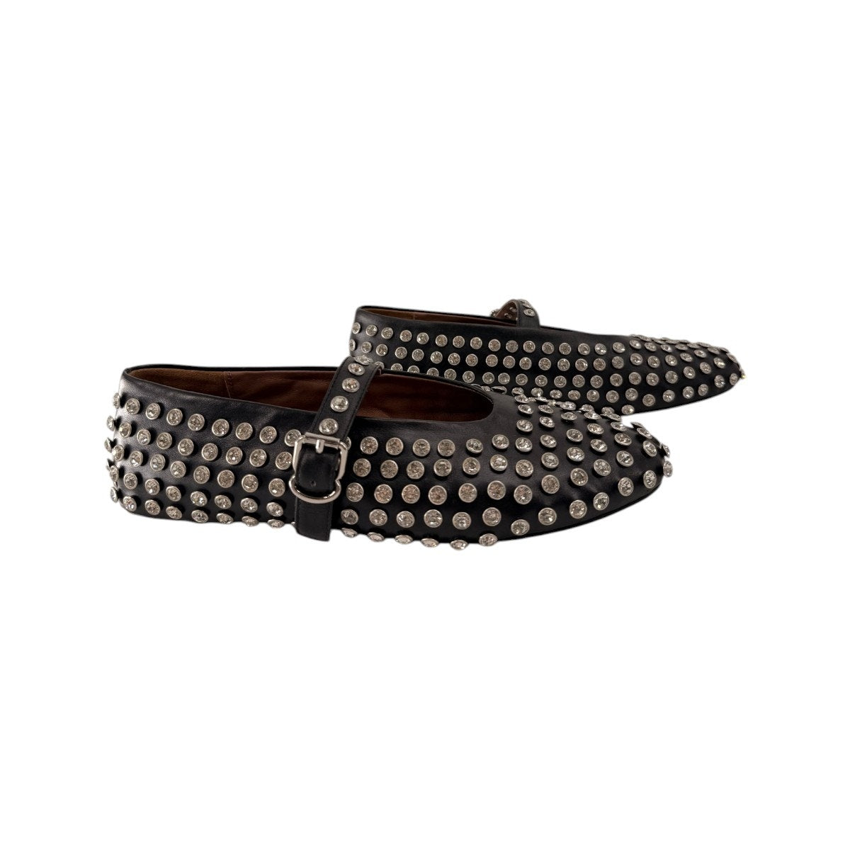 ALAÏA Black Leather Crystal Embellished Mary Jane Ballet Flats