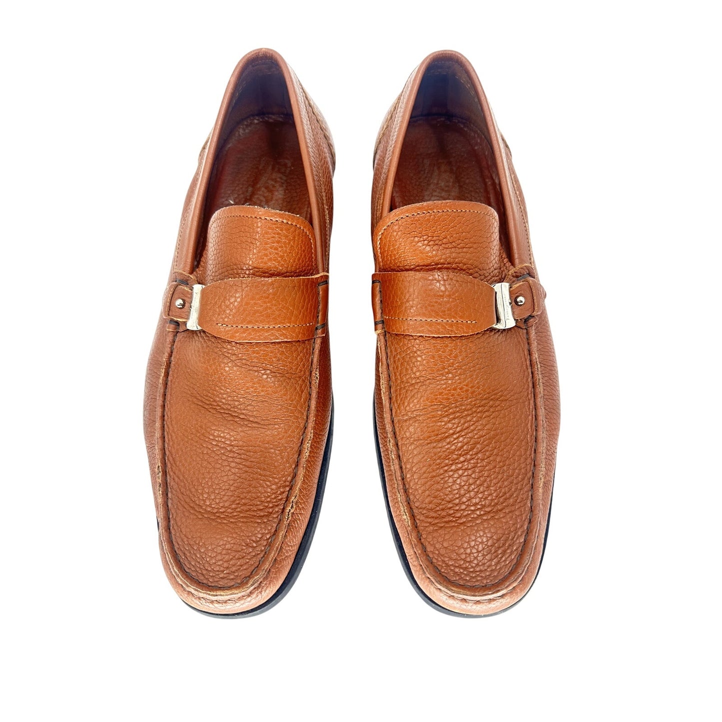 Salvatore Ferragamo Gancini Pebbled Leather Loafers Brown Men's Size 12 D
