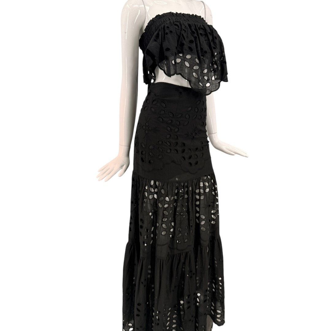 Luxxel Palm Chains Eyelet Embroidered Two Piece Maxi Skirt Set Black Women's S