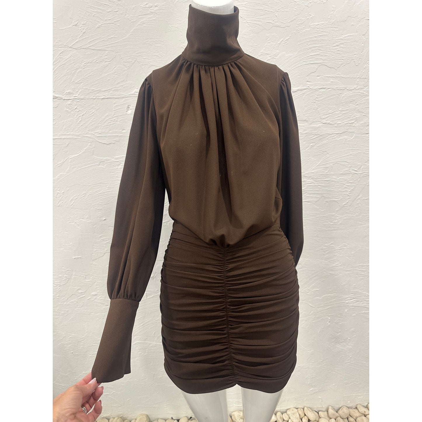 Rony Kobo Yebba Mock Neck Long Sleeve Ruched Pleated Mini Dress
