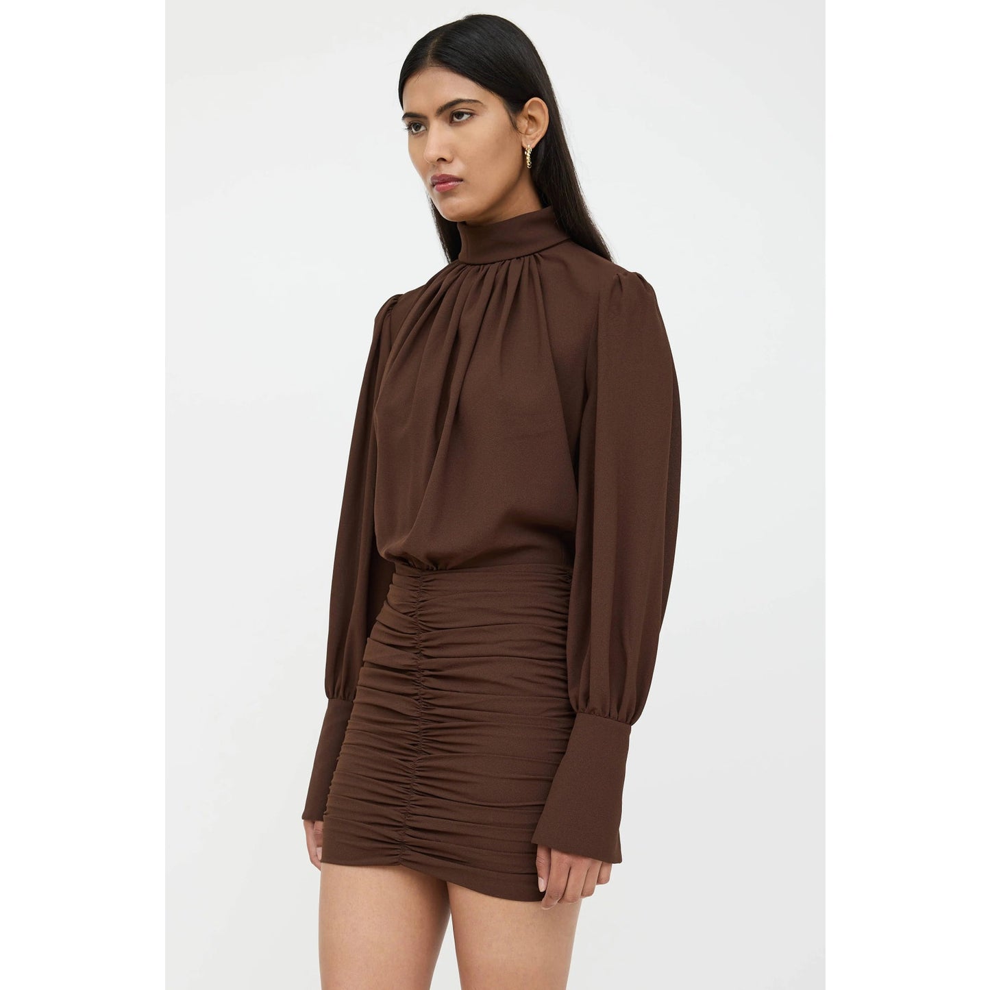 Rony Kobo Yebba Mock Neck Long Sleeve Ruched Pleated Mini Dress