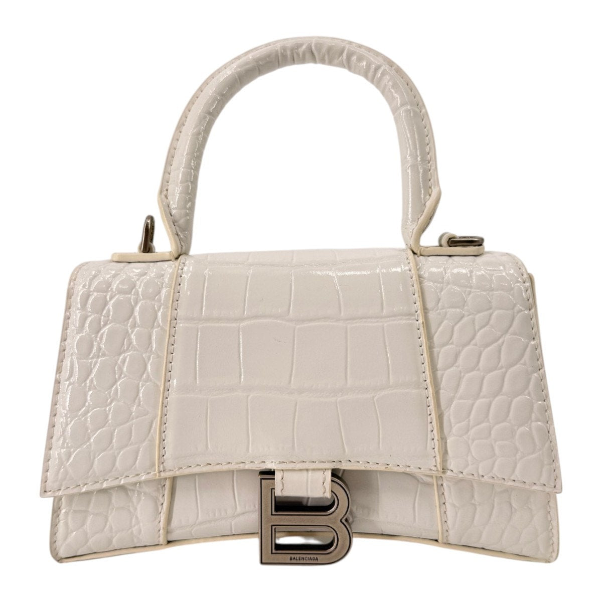Balenciaga Hourglass Croc Embossed Leather Top Handle Bag White