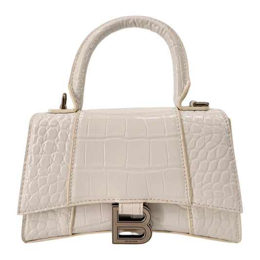 Balenciaga Hourglass Croc Embossed Leather Top Handle Bag White