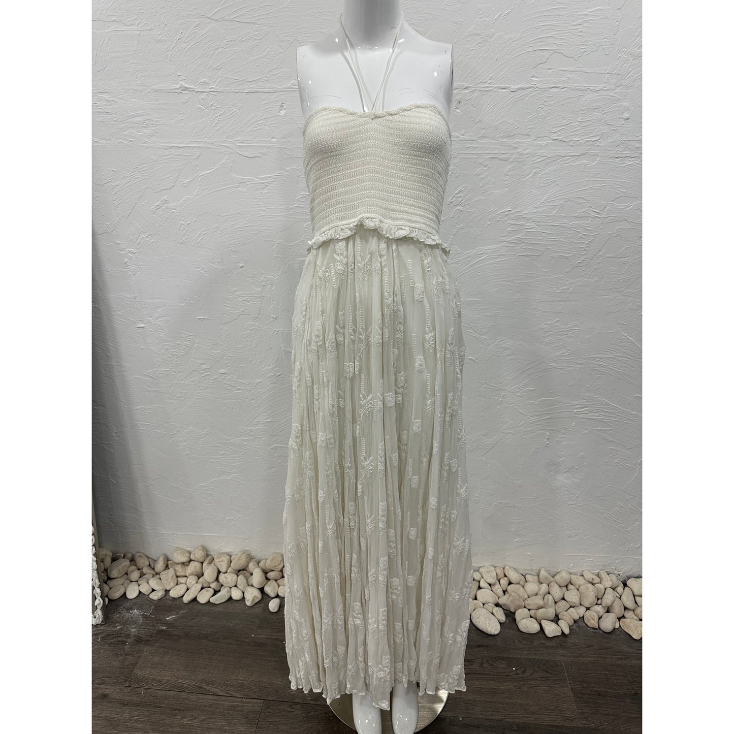 Rococo Sand Floral Embroidered Halter Smocked Maxi Dress Women's