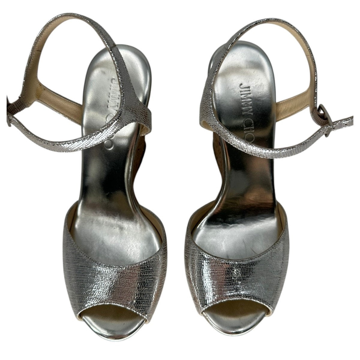 Jimmy Choo Metallic Leather Cork Wedge Sandals
