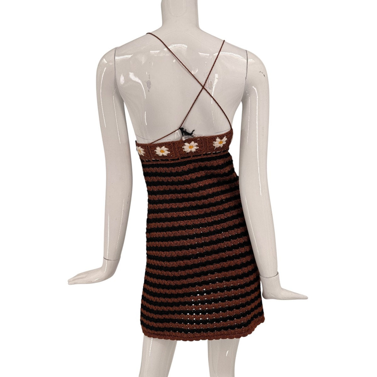 Miu Miu Cotton Floral Crochet V-Neck Mini Dress Brown Tabacco