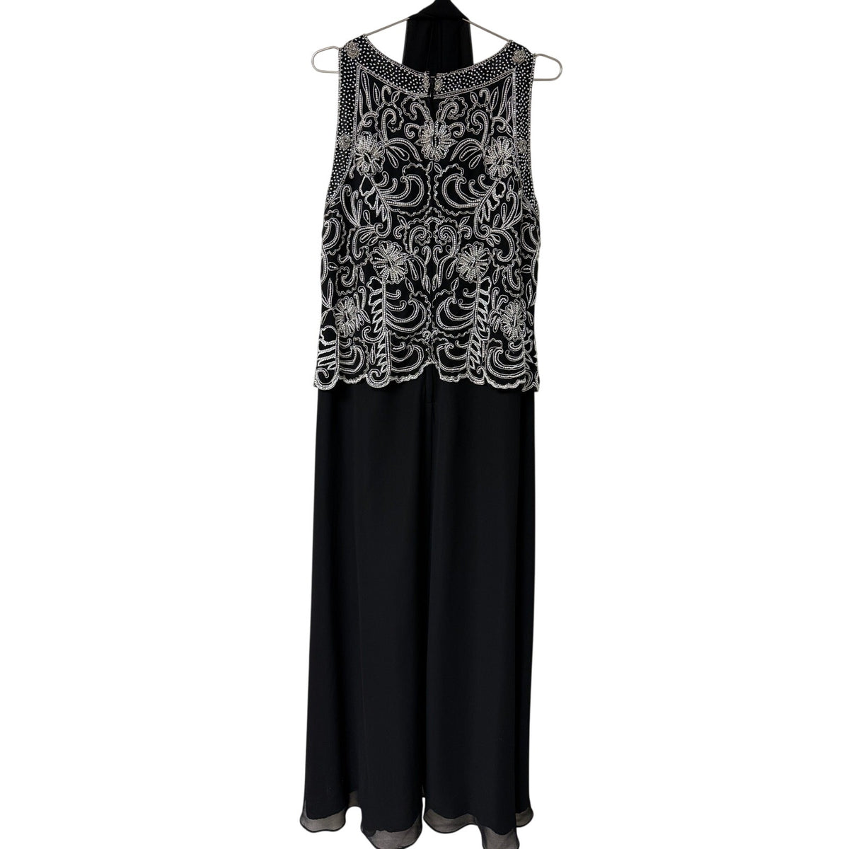 J Kara Black Scallop Beaded Sleeveless A-Line Maxi Dress Sheer Scarf