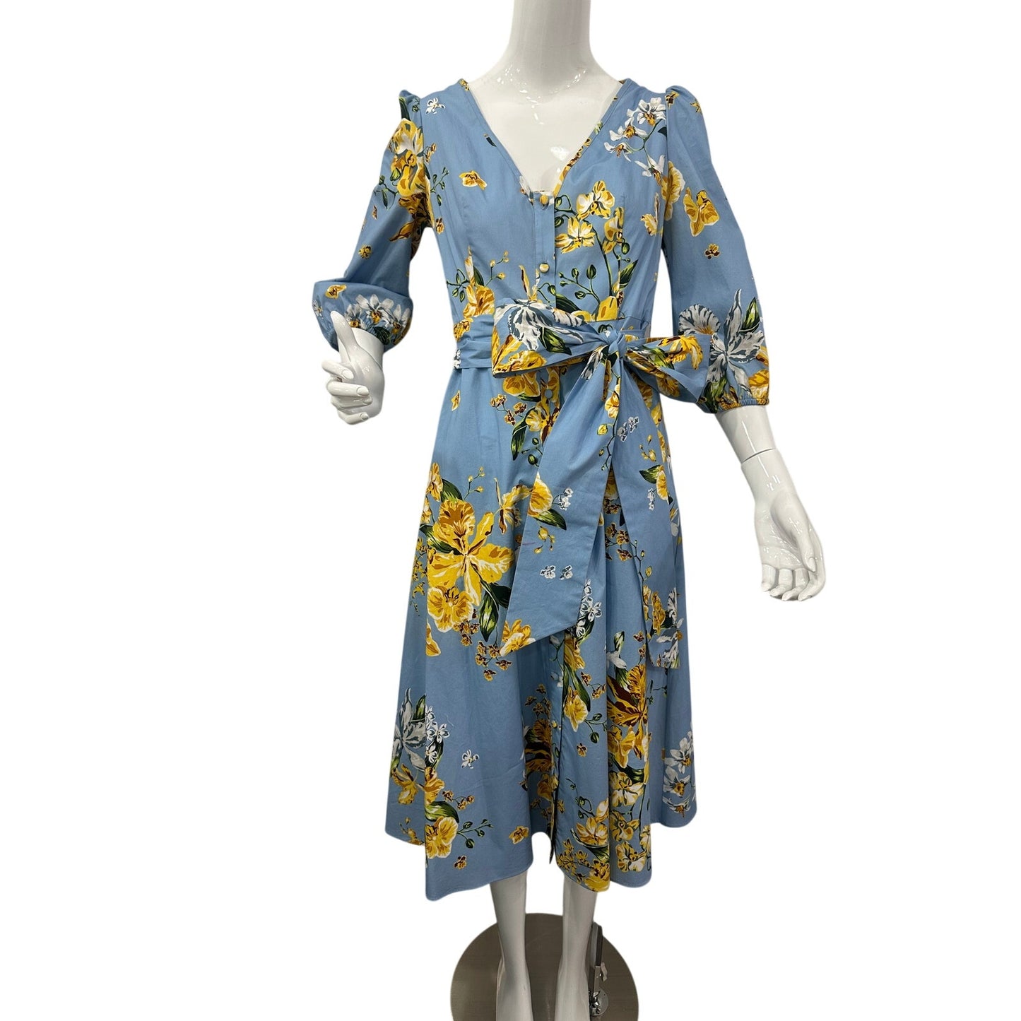 Marchesa Notte Floral Puff Sleeves V-Neck A-Line Midi Dress Blue