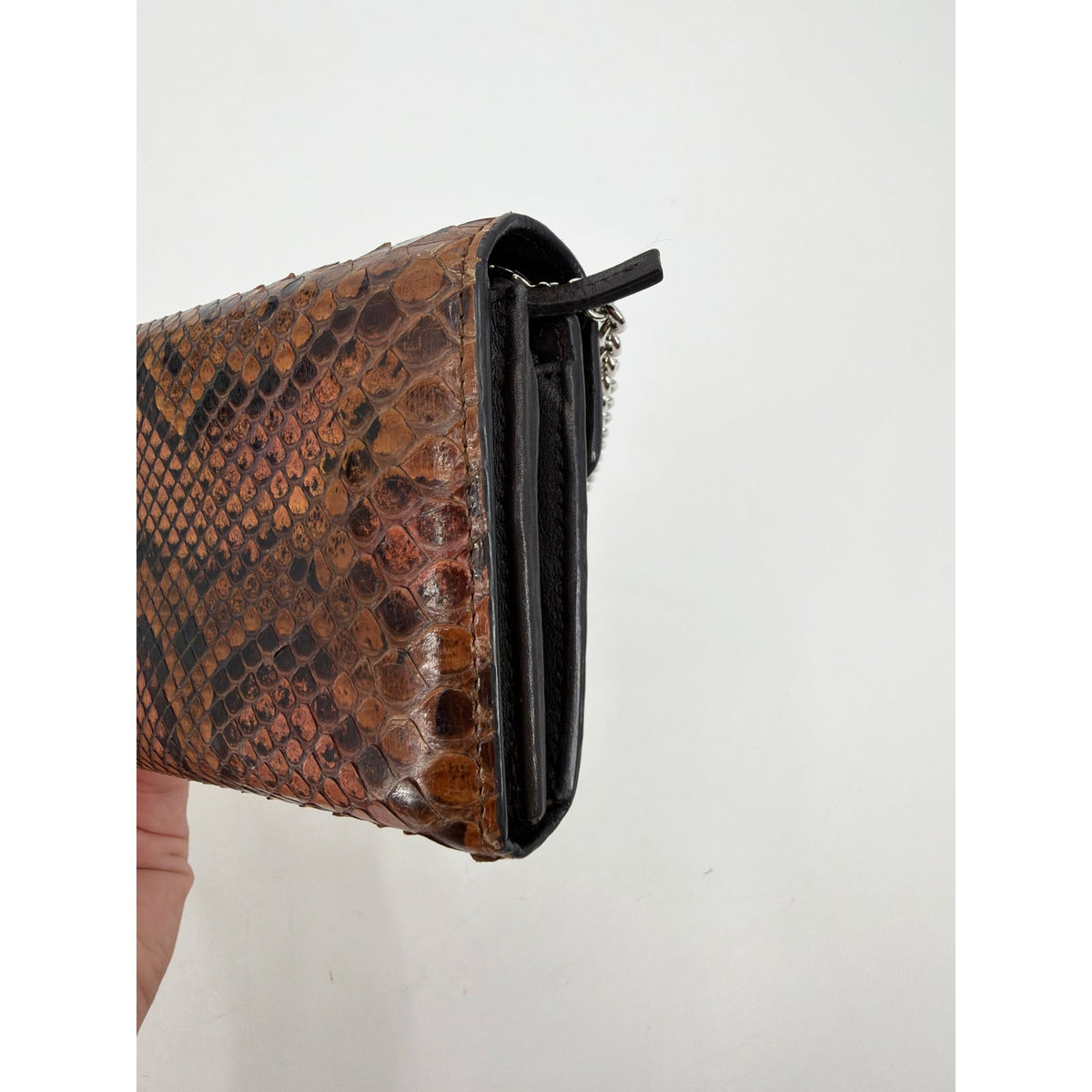 Gucci Python Snakeskin Flap Wallet Brown Silver Turnlock