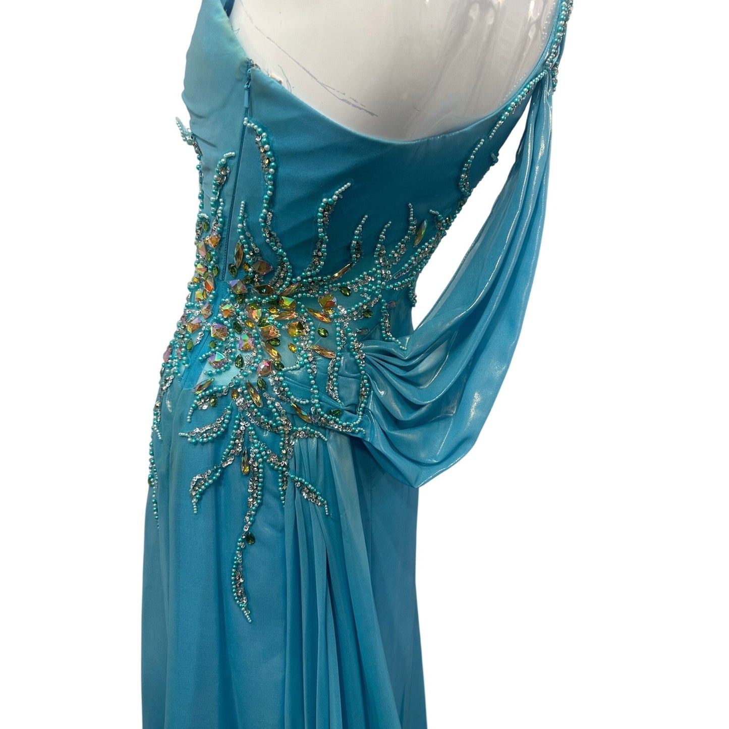 Mac Duggal One Shoulder Beaded Evening Gown