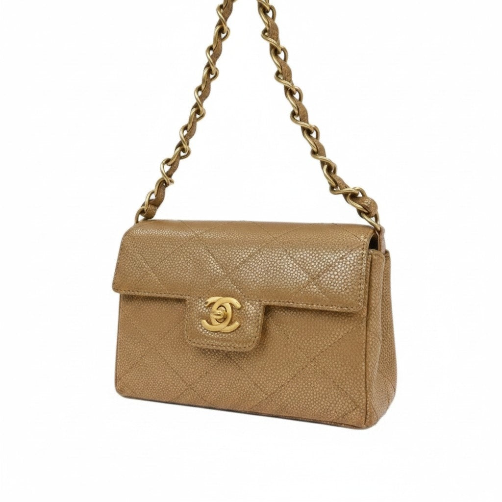 Rare CHANEL Quilted Caviar Shoulder Bag in Tan with 24k Gold Hardware