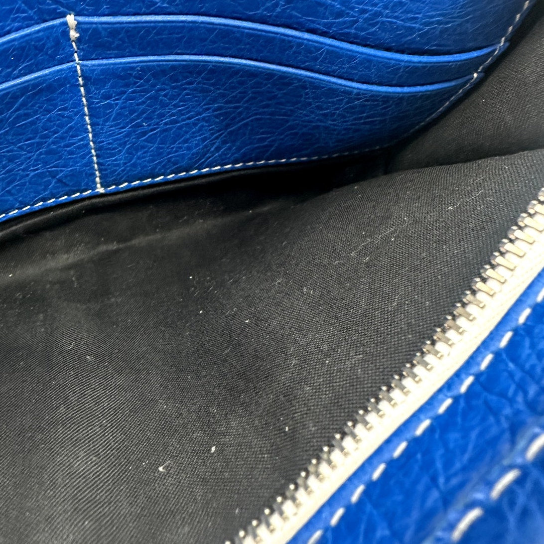 Balenciaga Lambskin Leather Bazar Striped Crossbody Zip Pouch Bag Blue White