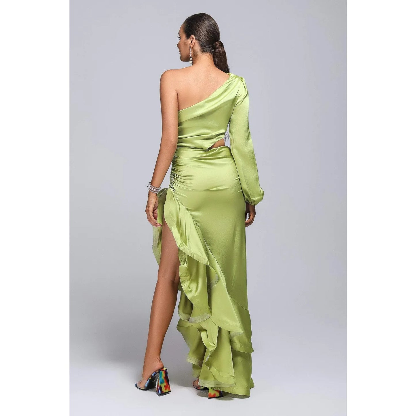 Love Lemonade One-Shoulder Asymmetric Ruffle Dress Green