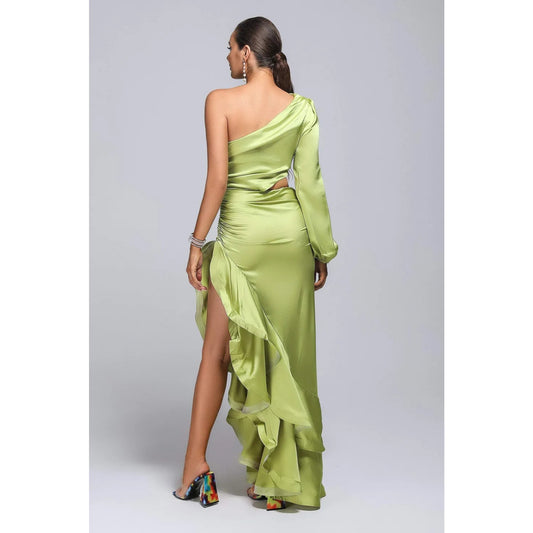 Love Lemonade One-Shoulder Asymmetric Ruffle Dress Green