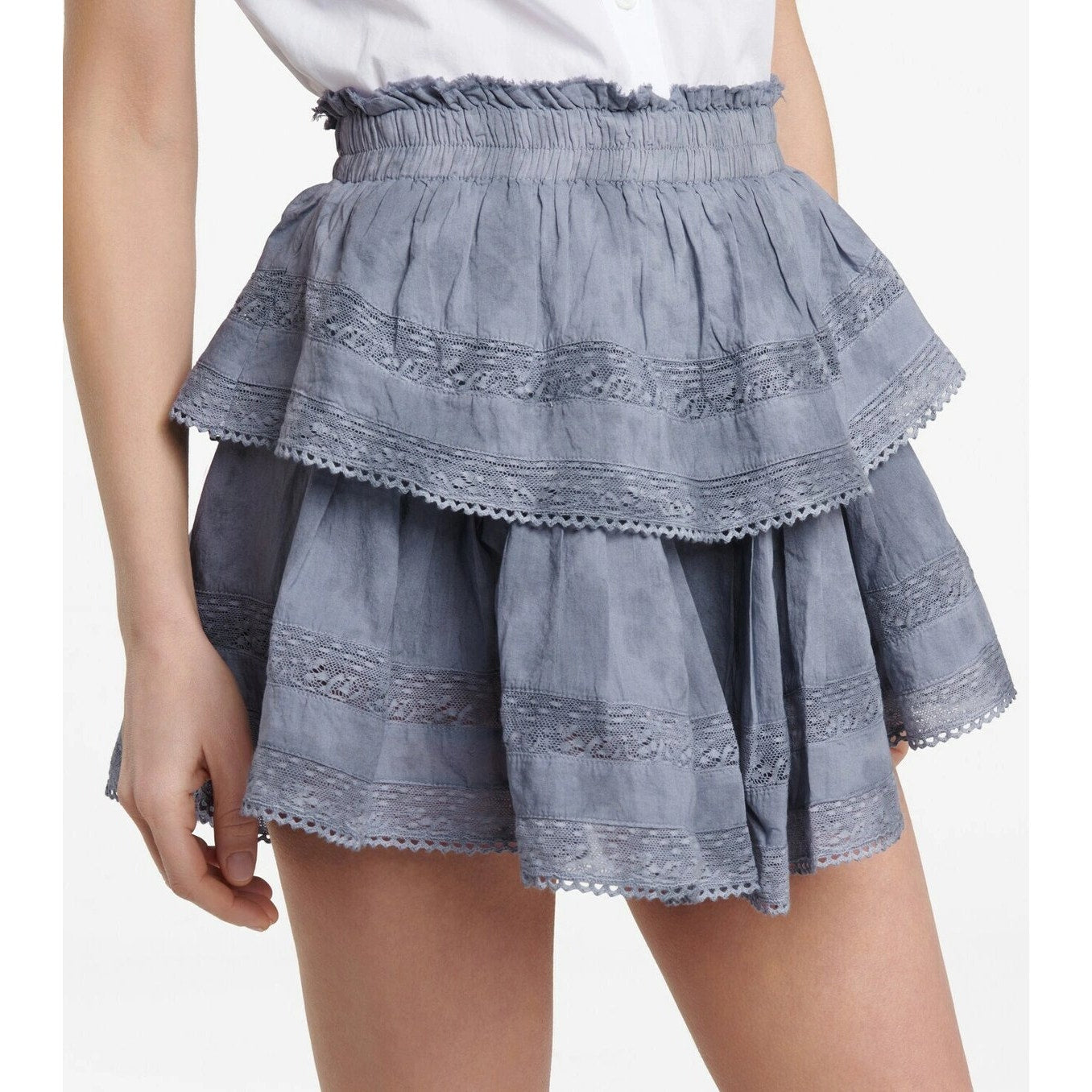 LoveShackFancy Cotton Mini Skirt with Lace Trim, Ruffles, and Pleated Tiers