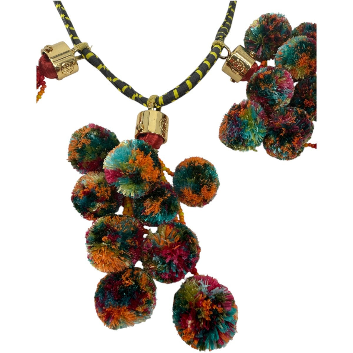 Tory Burch Multicolor Pom Pom Collar Statement Necklace Gold Ton