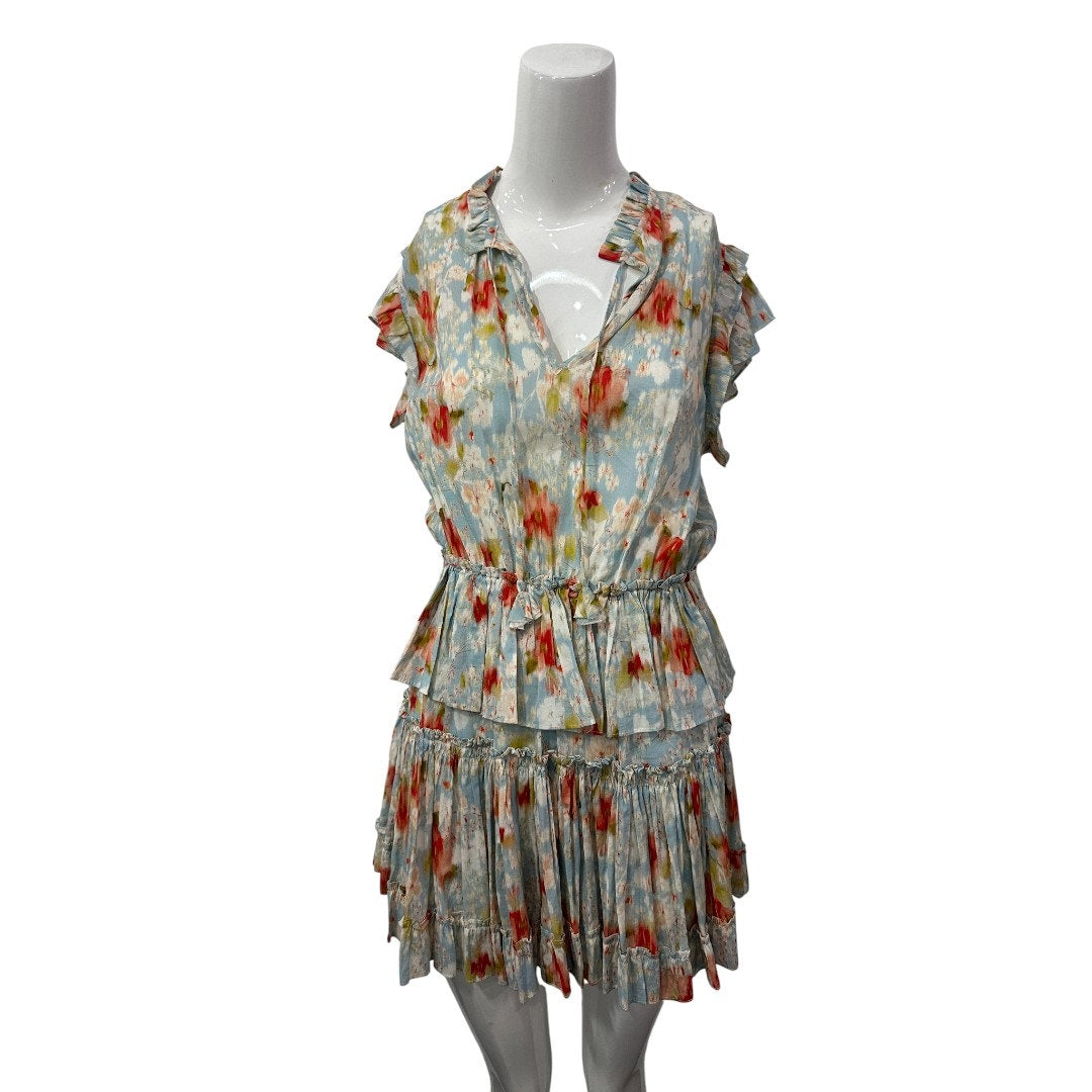 Misa Los Angeles Cotton Blend Ruffle Floral Print Lilian Mini Dress Blue Size S