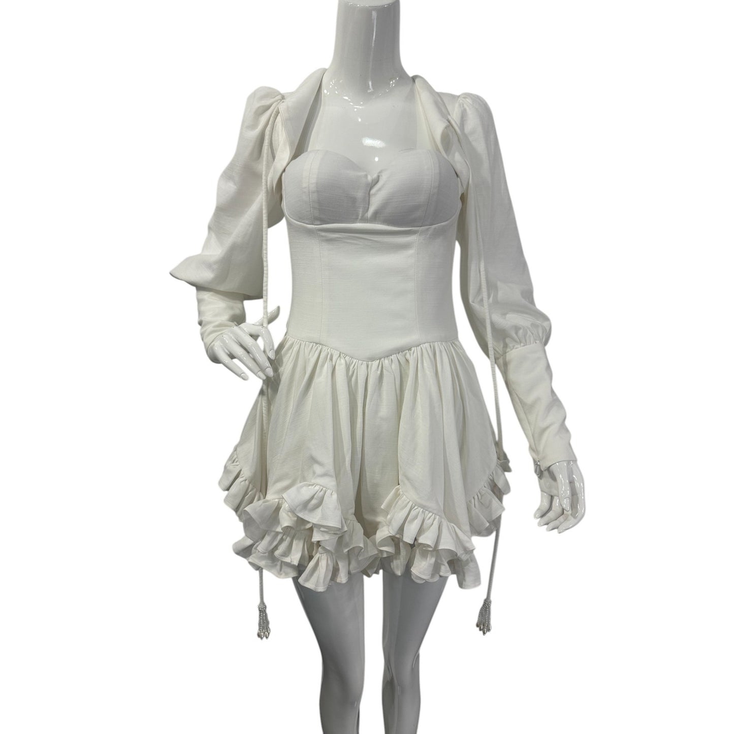 Ivory Atelier Sweetheart Neck Ruffled Hem Puff Sleeves Open Back Mini Dress