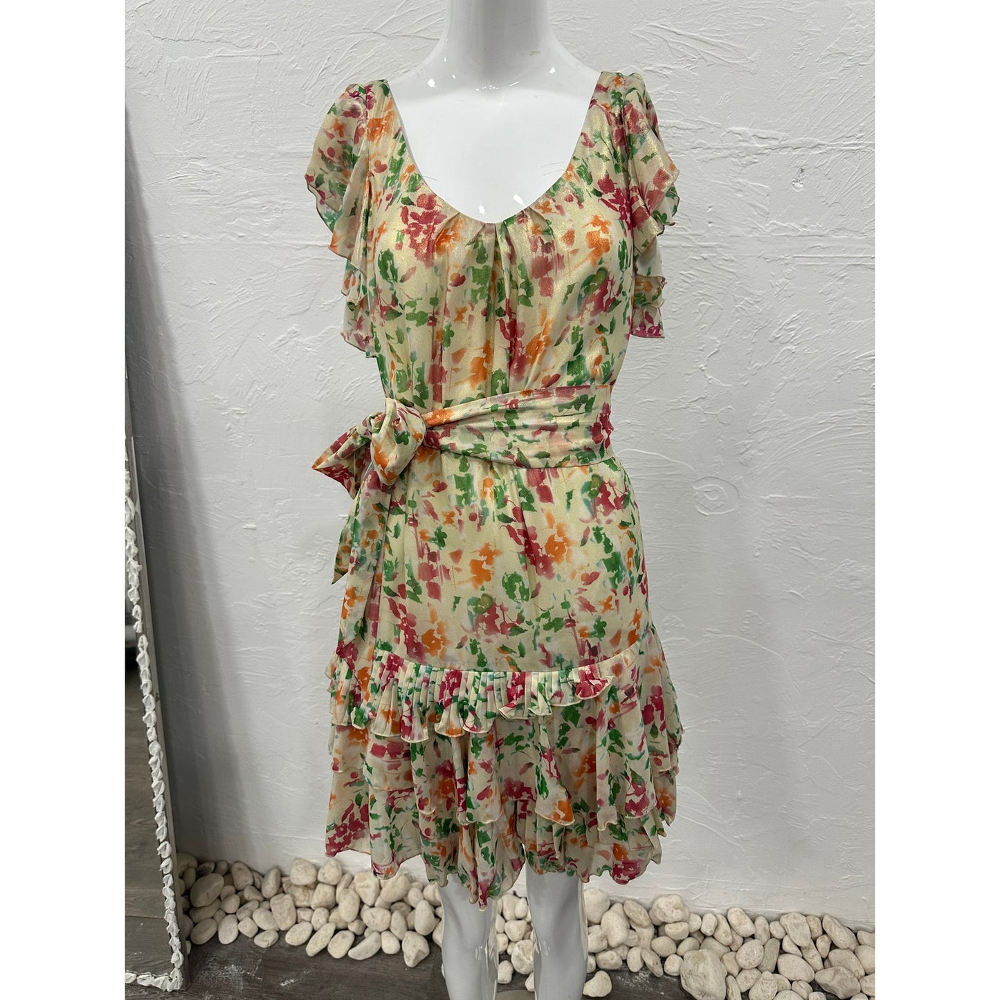 Diane Von Furstenberg Floral Print Ruffle Tiered Belted Mini Dress Multi Size 2