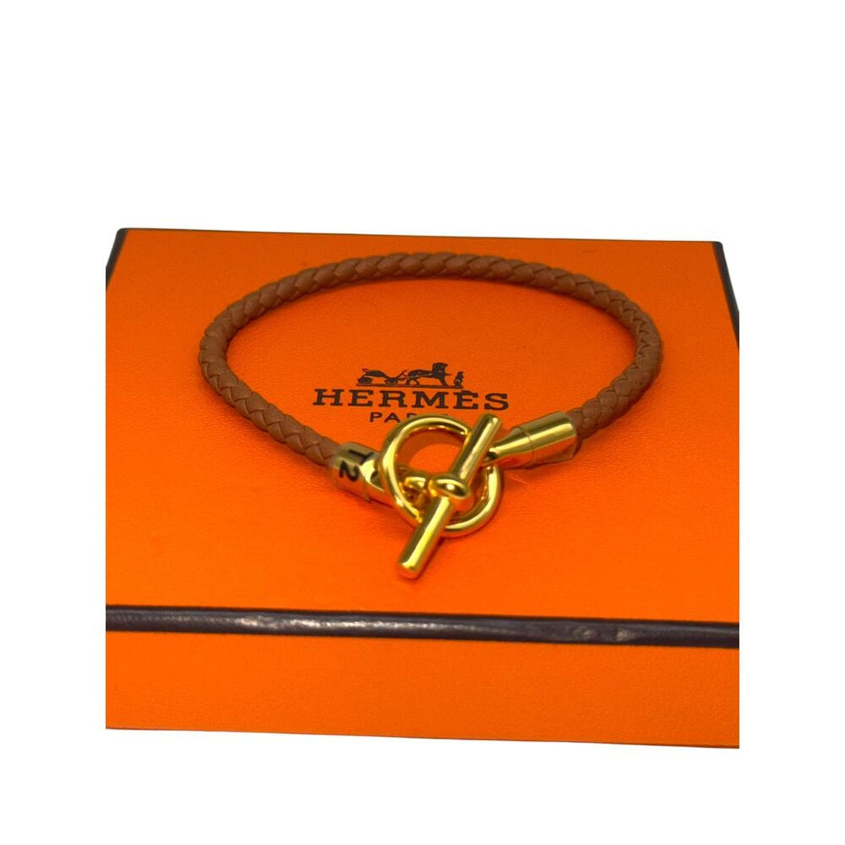 Hermès Leather Braided Gold Plated Glenan Bracelet Brown Size T2