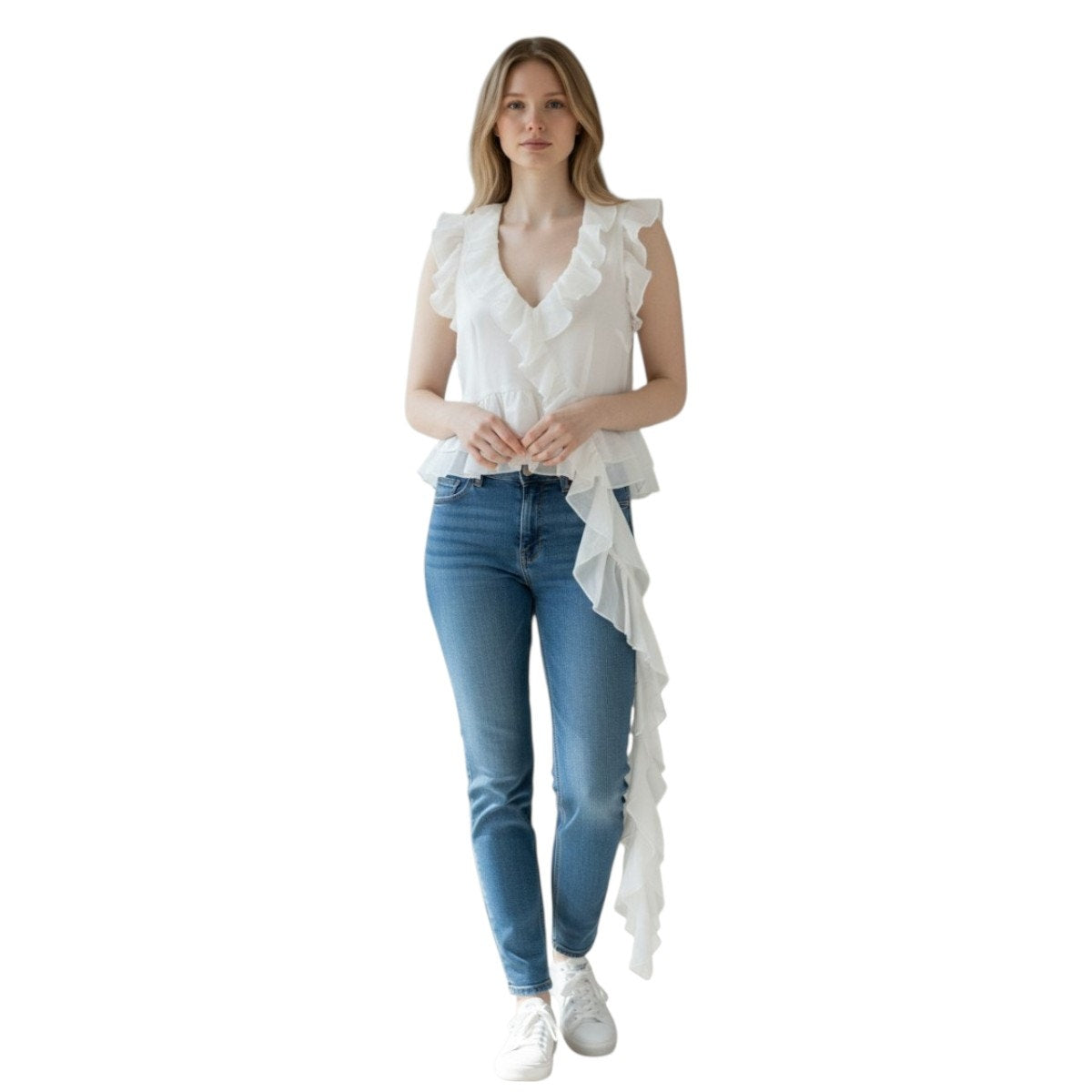 More to Come Chiffon Valerie Ruffle Trim Sleeveless Top White Women's Size S