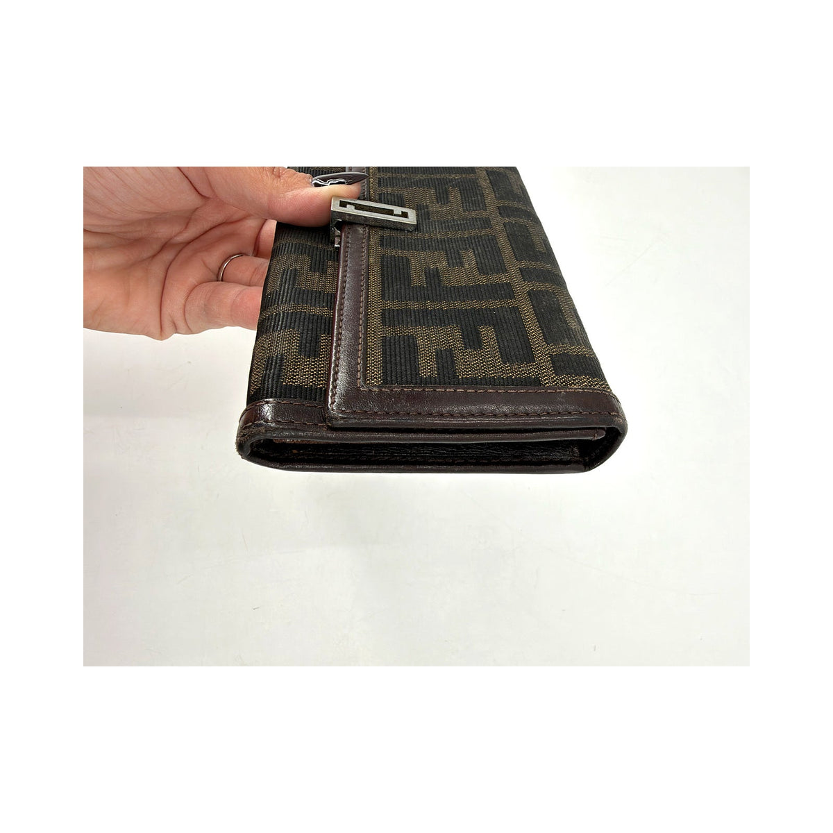 Fendi Zucca FF Canvas Long Flap Wallet Brown Silver Hardware