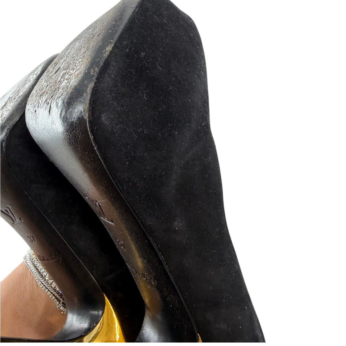 Louis Vuitton Suede Oh Really Heel Lock Peep Toe Pumps Black Women's Size 37