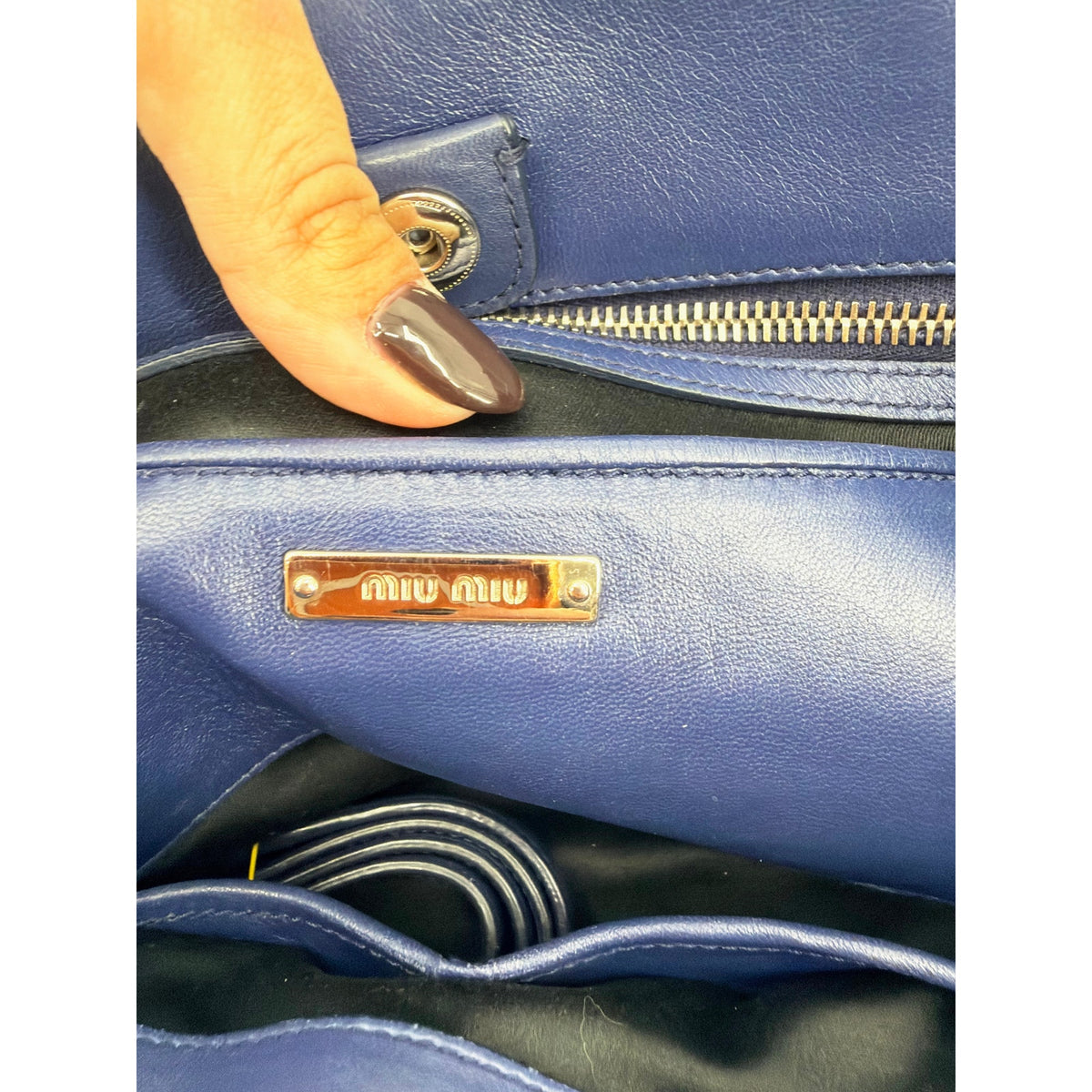 Miu Miu Nappa Crystal Matelasse Top Handle Tote Navy Blue Leather Chain Strap