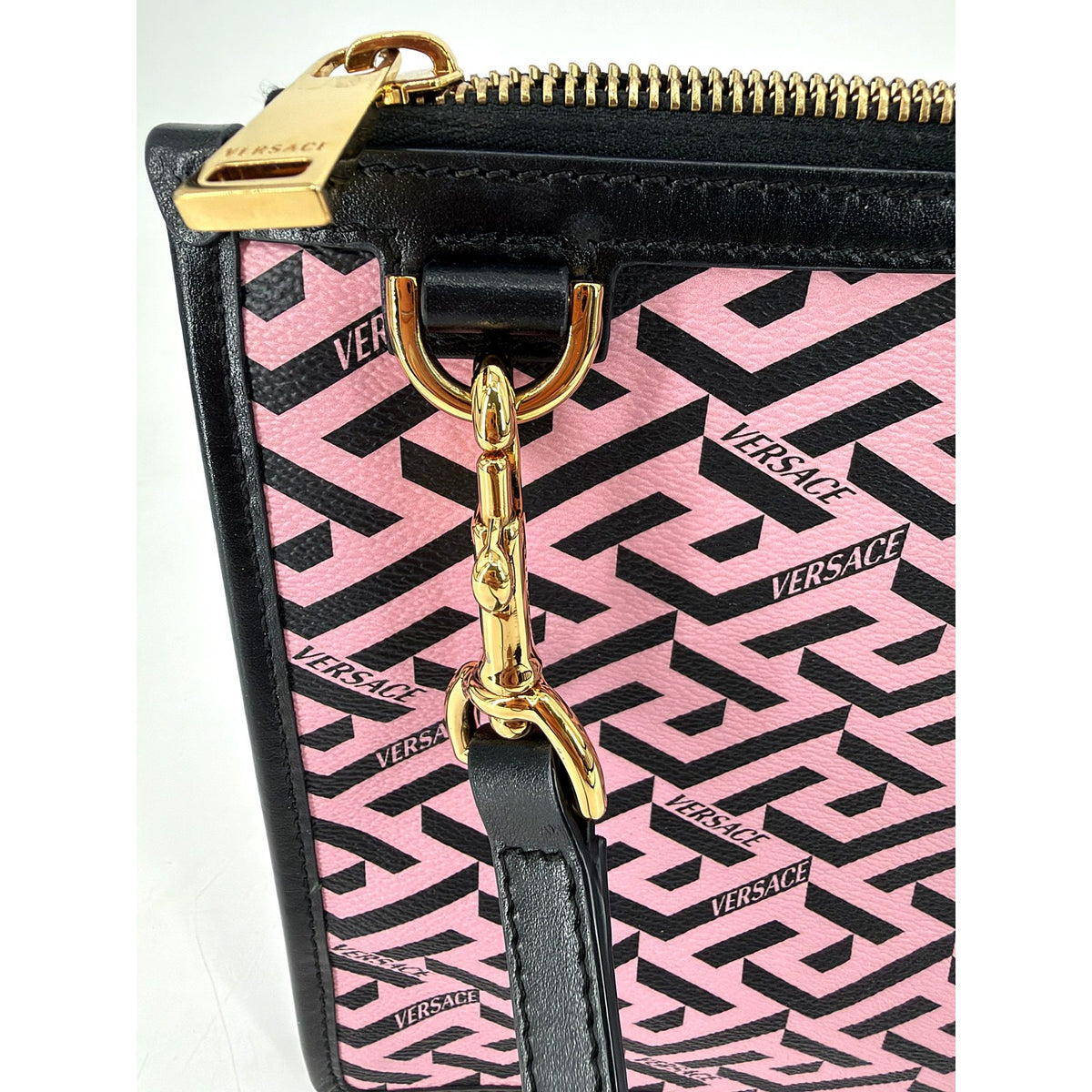 Versace La Greca Pink Black Zip Crossbody Clutch Leather Strap Gold Italy