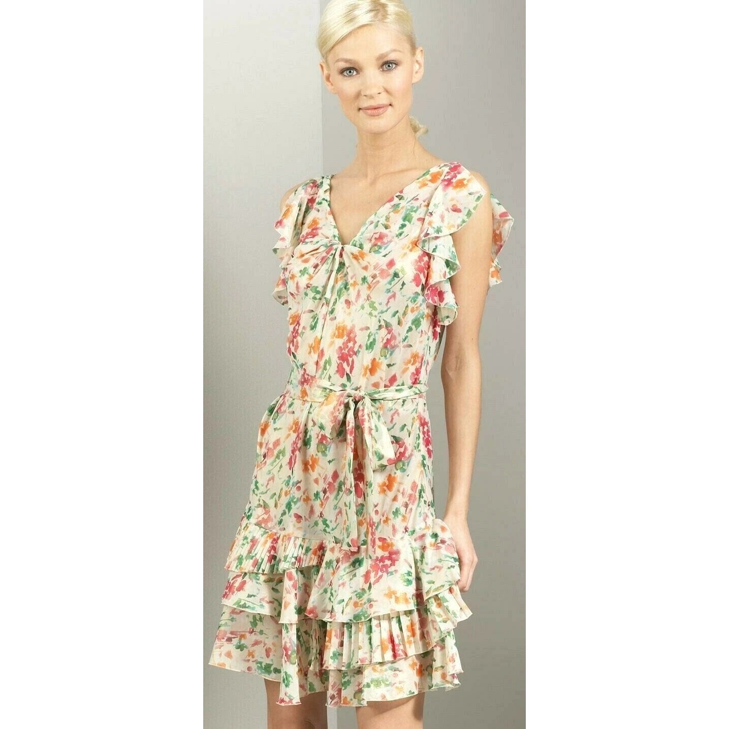 Diane Von Furstenberg Floral Print Ruffle Tiered Belted Mini Dress Multi Size 2