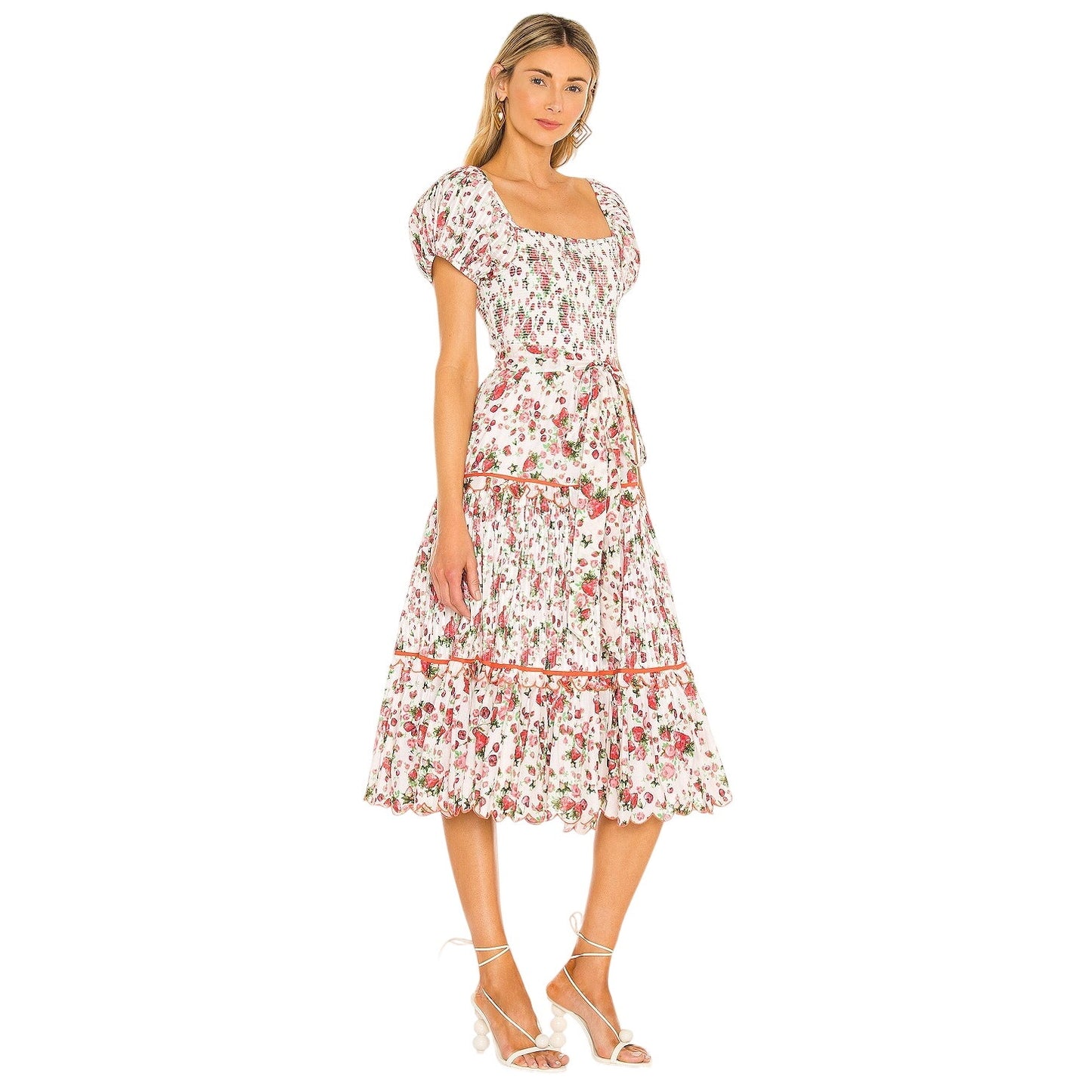 Love Shack Fancy White/Pink Cotton Floral Masie Tiered Midi Dress Women's