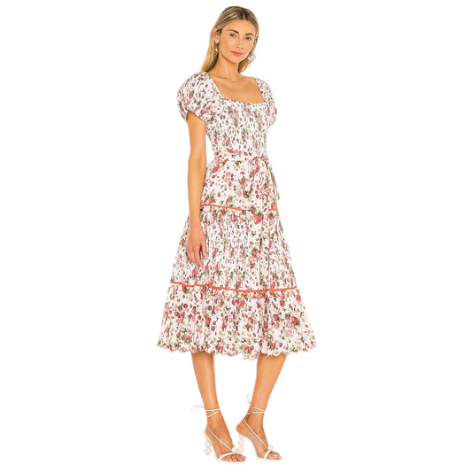 Love Shack Fancy White/Pink Cotton Floral Masie Tiered Midi Dress Women's