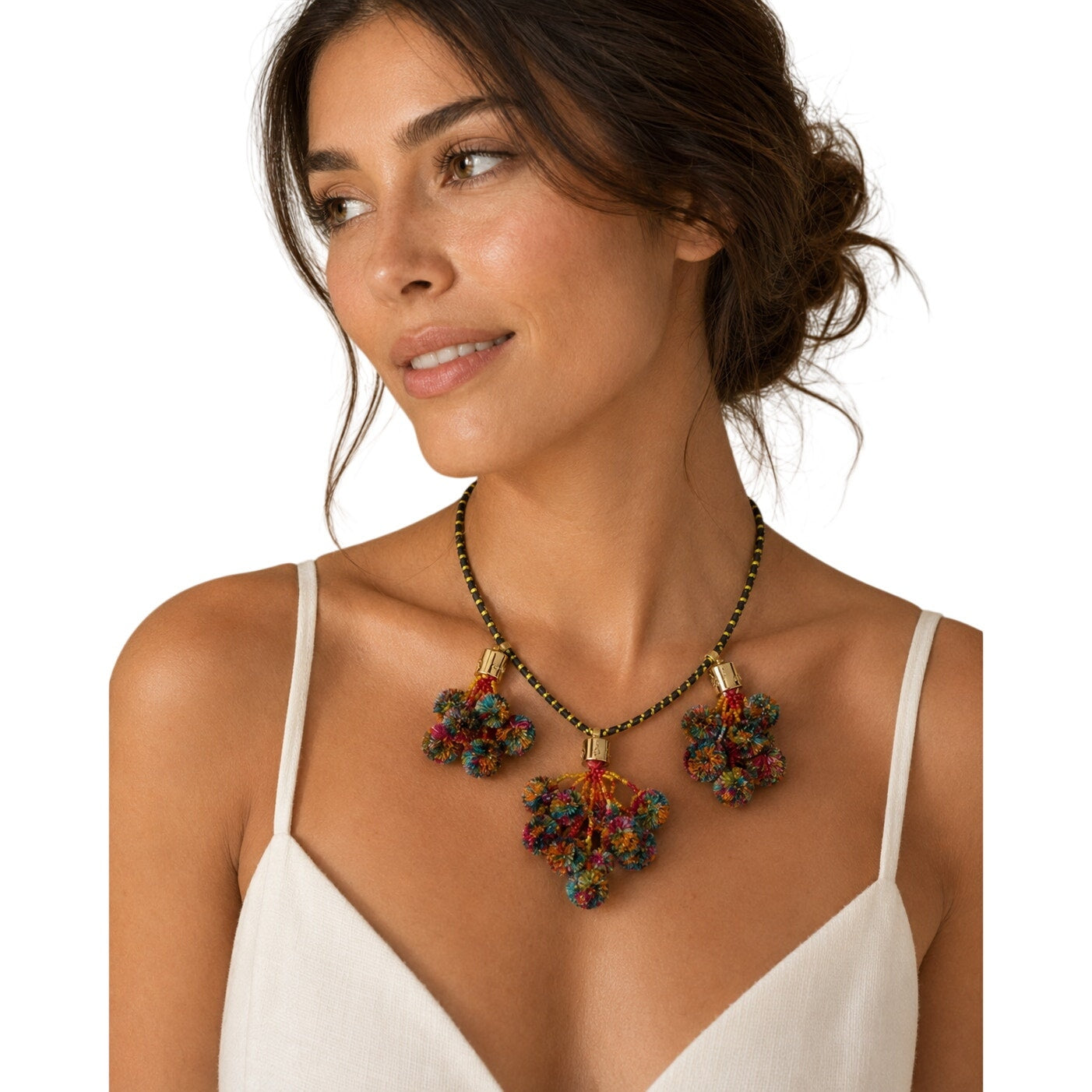 Tory Burch Multicolor Pom Pom Collar Statement Necklace Gold Ton