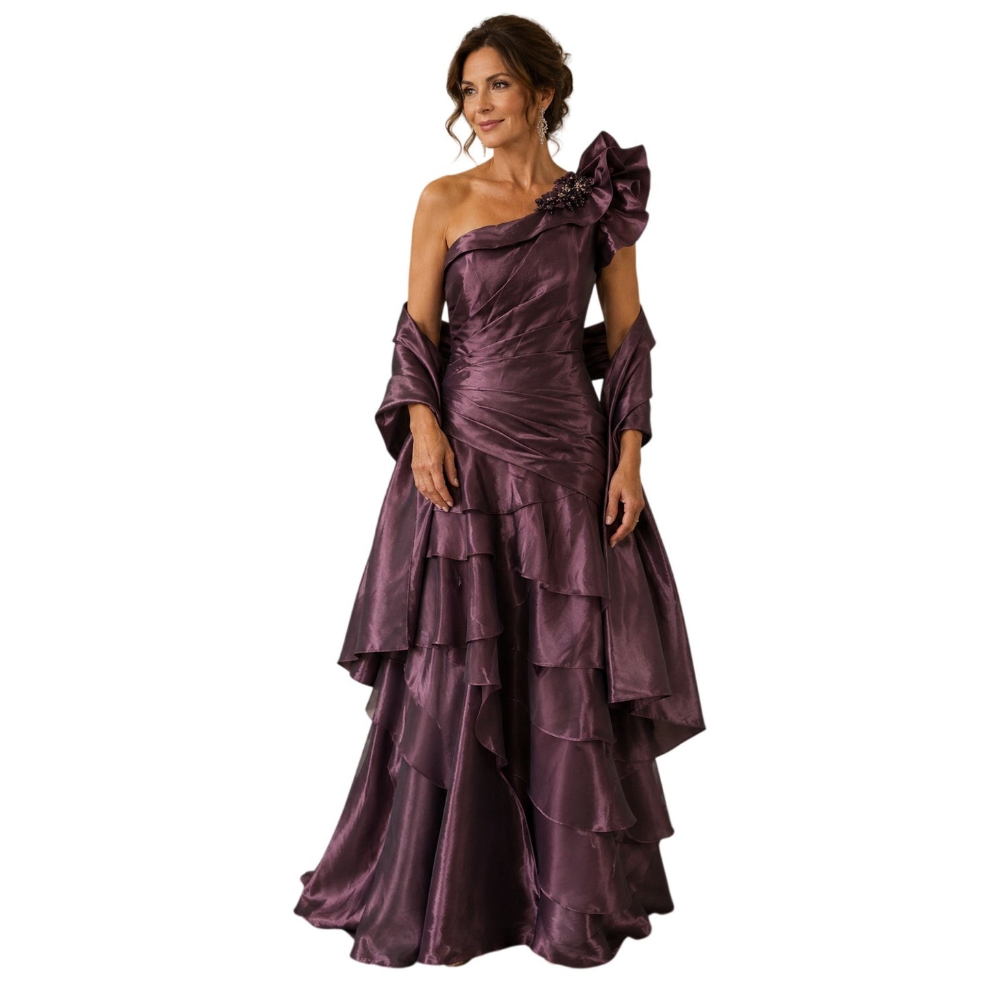 Jade Couture One Shoulder Ruffle Tiered Ball Gown Orchid Shadow
