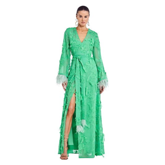 Alexis Kalin Feather Trim Long Sleeve Wrap Maxi Dress Green Women's Size S