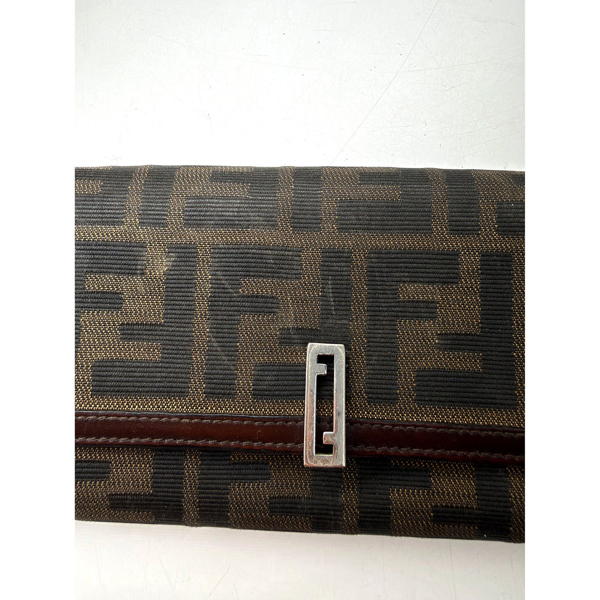 Fendi Zucca FF Canvas Long Flap Wallet Brown Silver Hardware