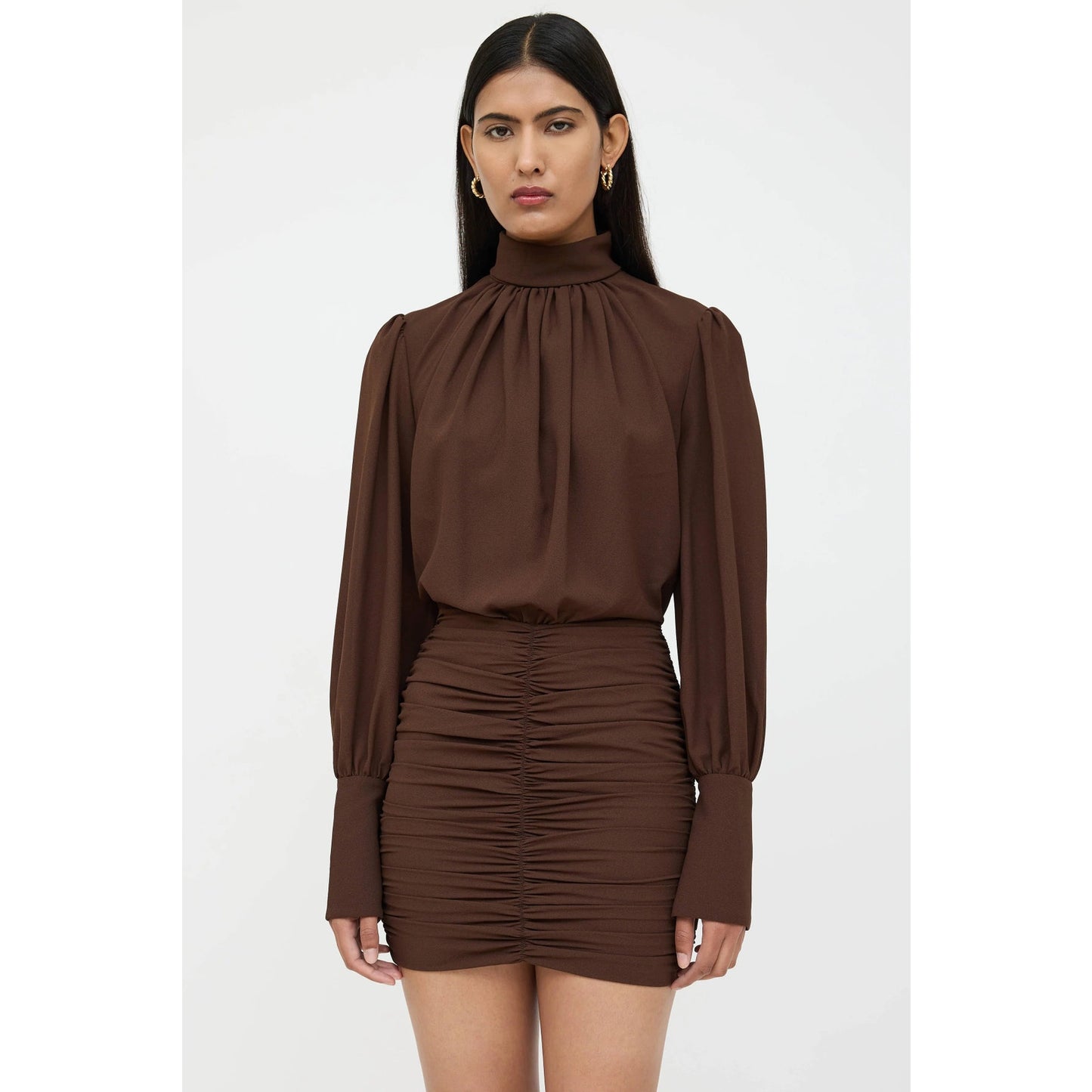 Rony Kobo Yebba Mock Neck Long Sleeve Ruched Pleated Mini Dress