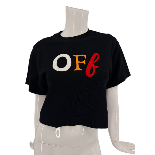 Off-White Cotton Typo Mix Crop Crew Neck T-Shirt
