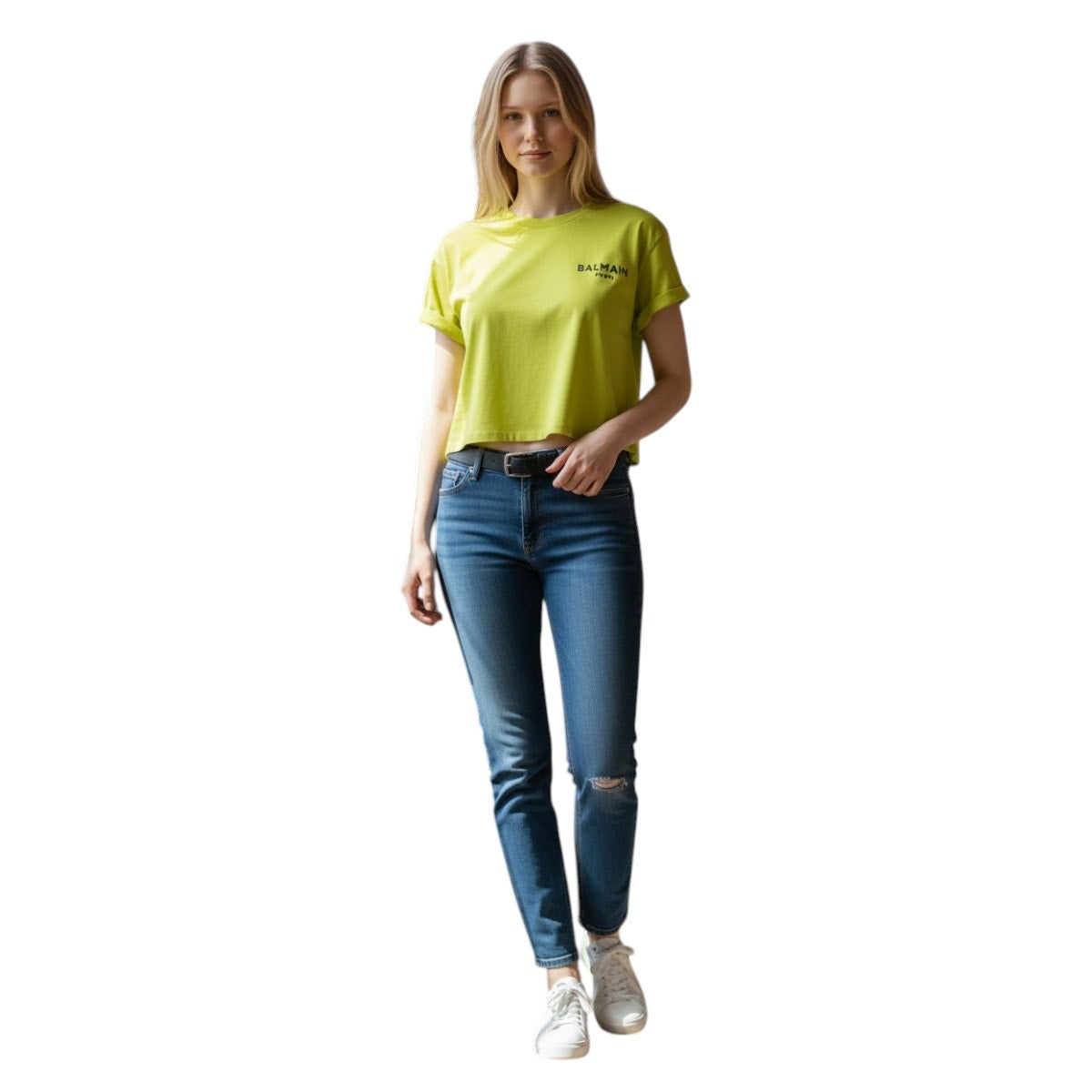 Balmain Cotton Cropped Short Sleeve T Shirt Neon Yellow Women's Size XS